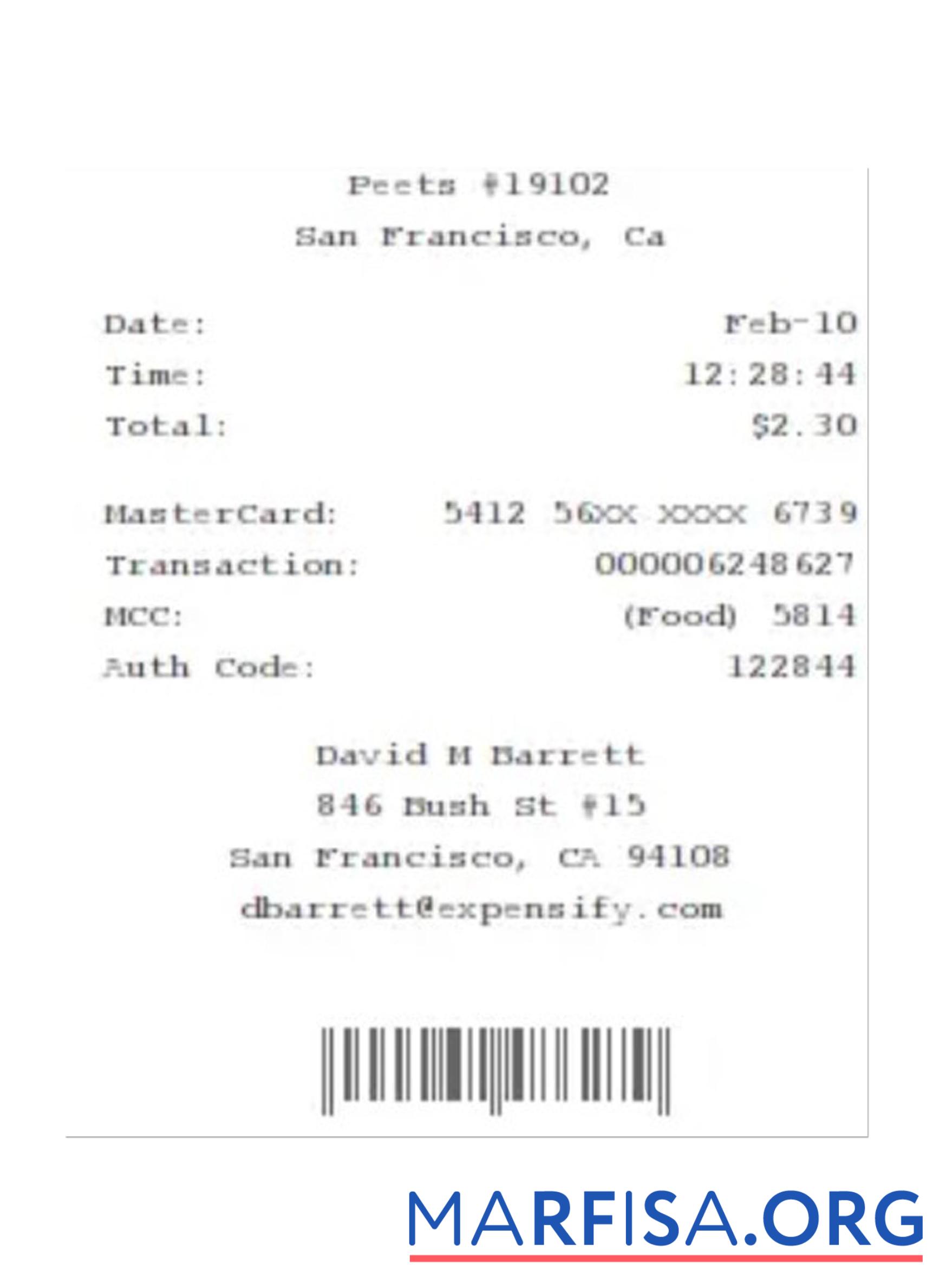 Realistic PEETS payment receipt sample